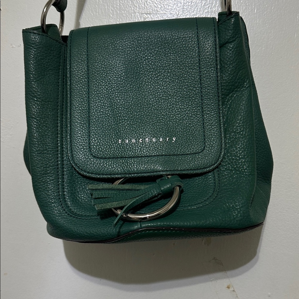 Sanctuary Dark Green Pebbled Leather Crossbody with Ring Tassel